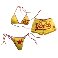a pair of yellow bikinis and a pair of shorts